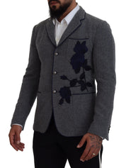 Gray Wool Roses Slim Fit Jacket Blazer