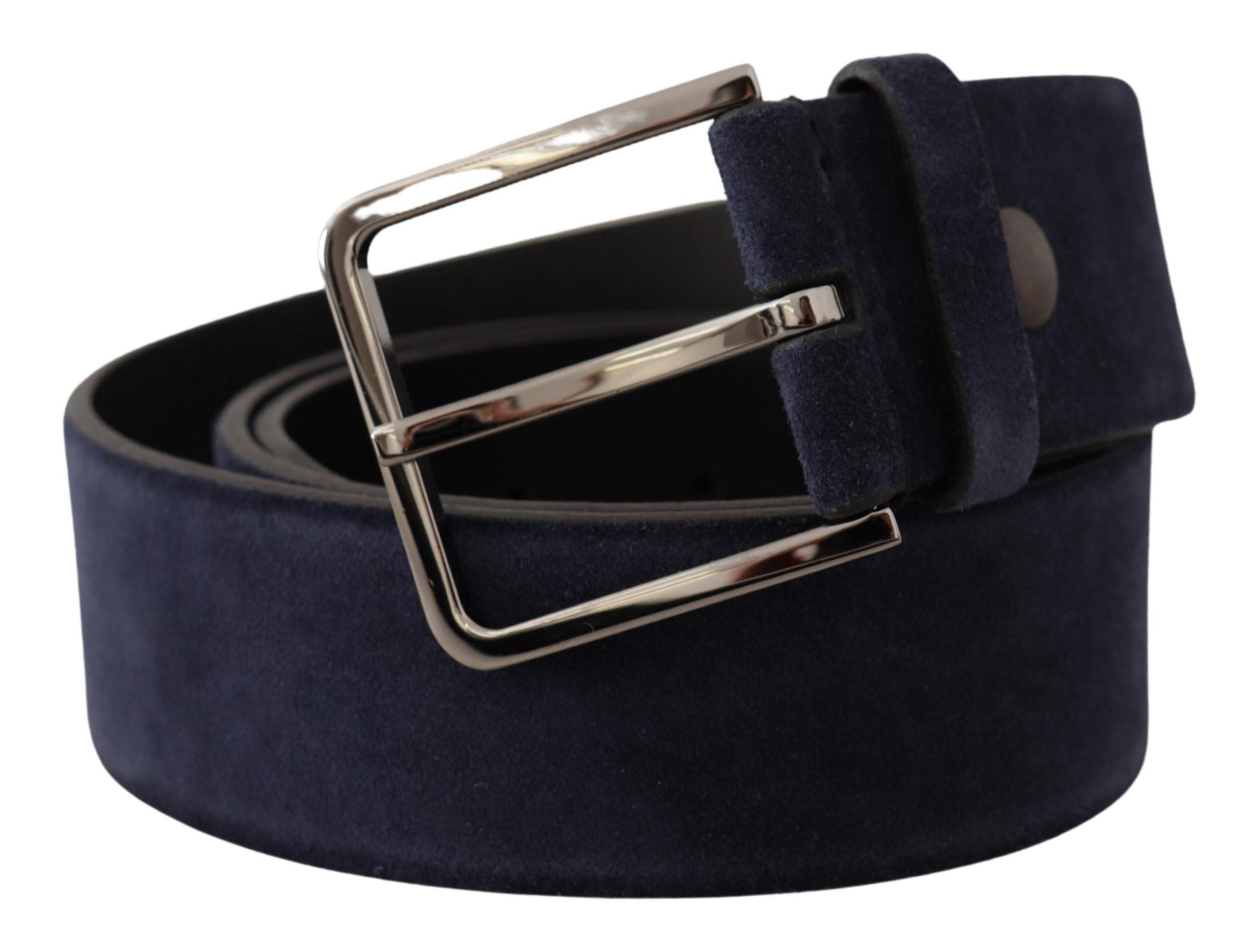 Mörkblå sammetshudsklädd läderrem med silverfärgad logobrooch