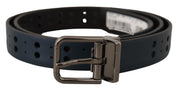 Blue Perforated Skinny Leather Metal Buckle Belt