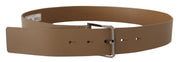 Beige Calf Leather Wide Silver Metal Belt