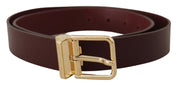 Maroon Vitello Leather Gold Metal Buckle Belt