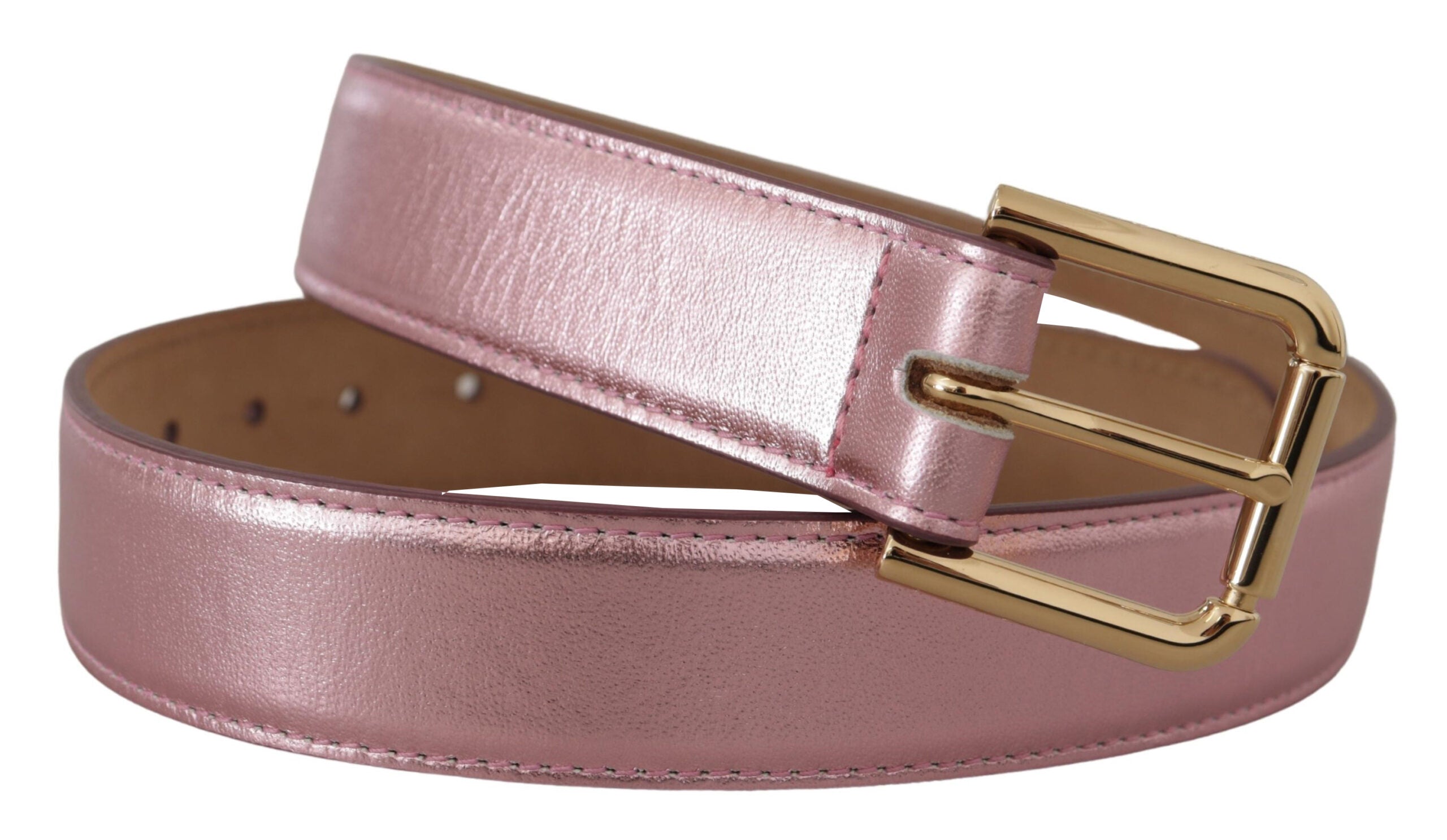 Metallisk rosa, polerad läderbälte med logotyp och metallspänne.
