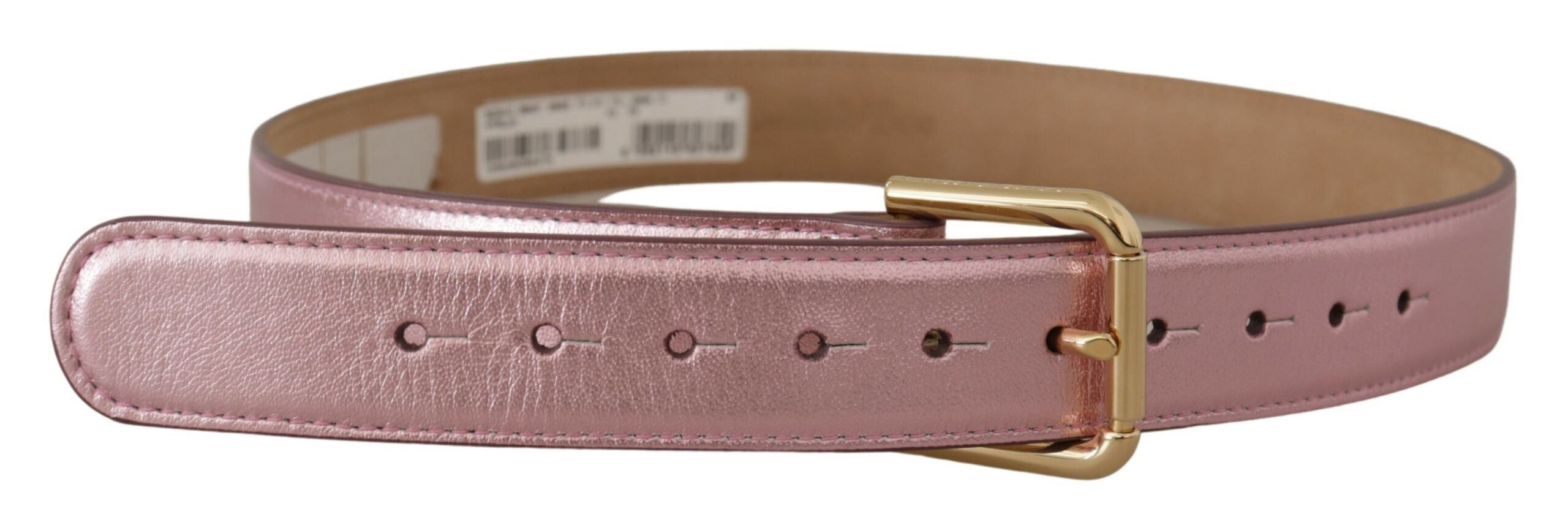 Metallisk rosa, polerad läderbälte med logotyp och metallspänne.