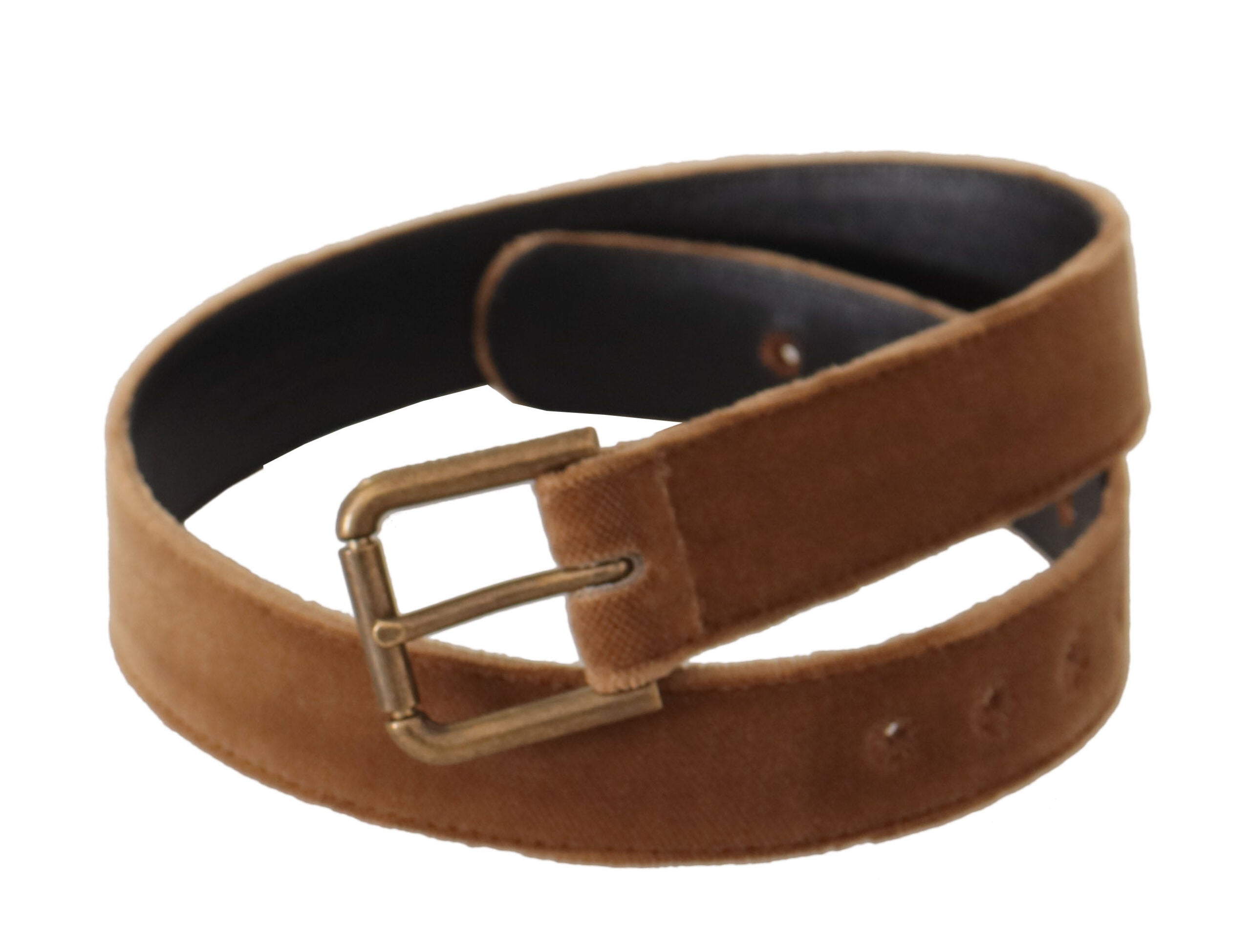 Brun sammetshud med bronsfärgad vintage-logotyp och metallspänne.