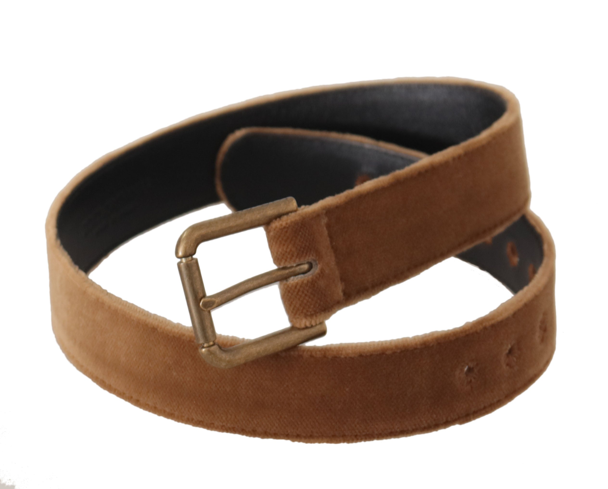 Brun sammetshud med bronsfärgad vintage-logotyp och metallspänne.