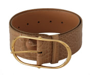 Brun beige läderbälte med guldmetallisk oval spänne