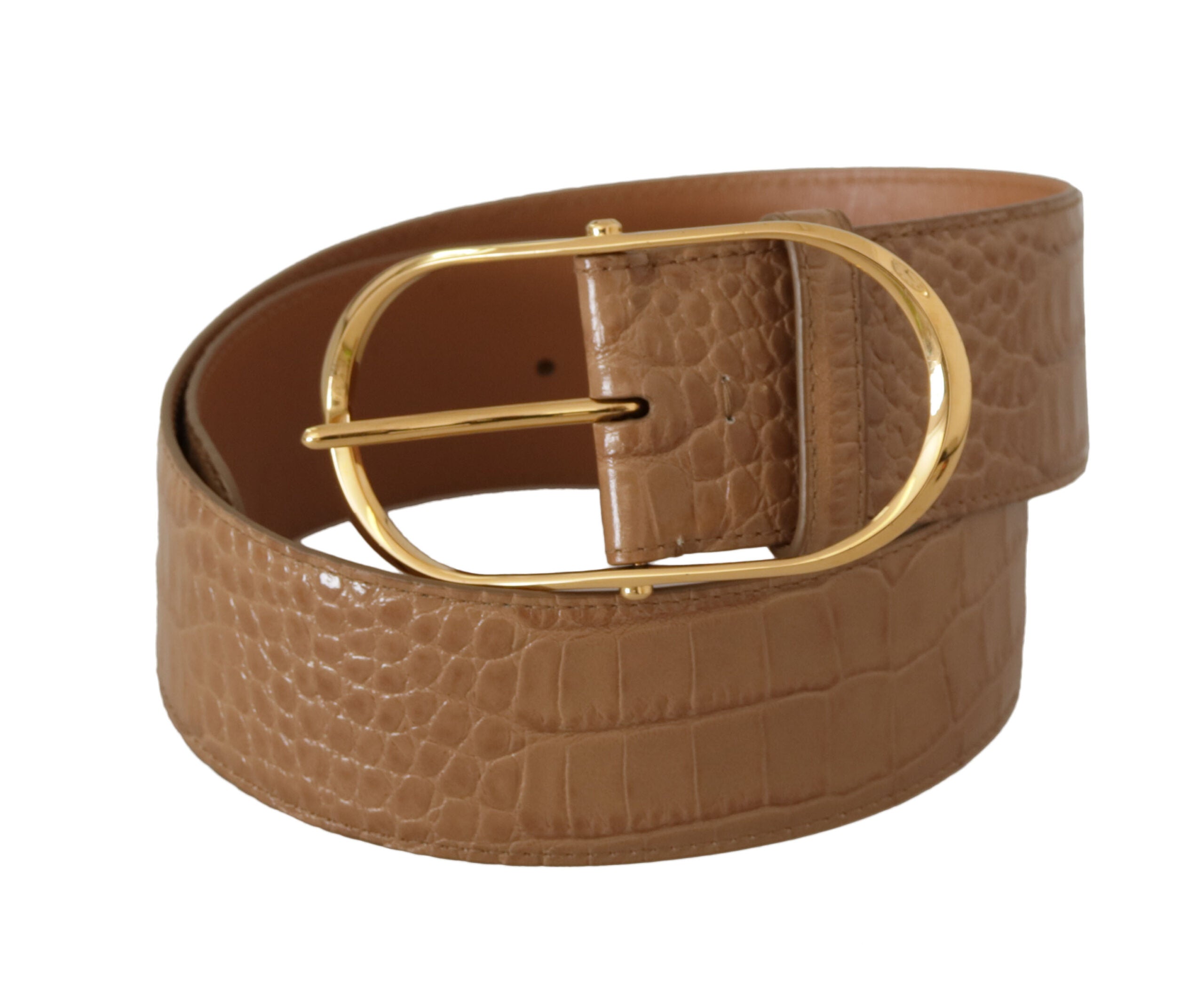 Brun beige läderbälte med guldmetallisk oval spänne