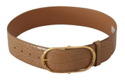 Brun beige läderbälte med guldmetallisk oval spänne