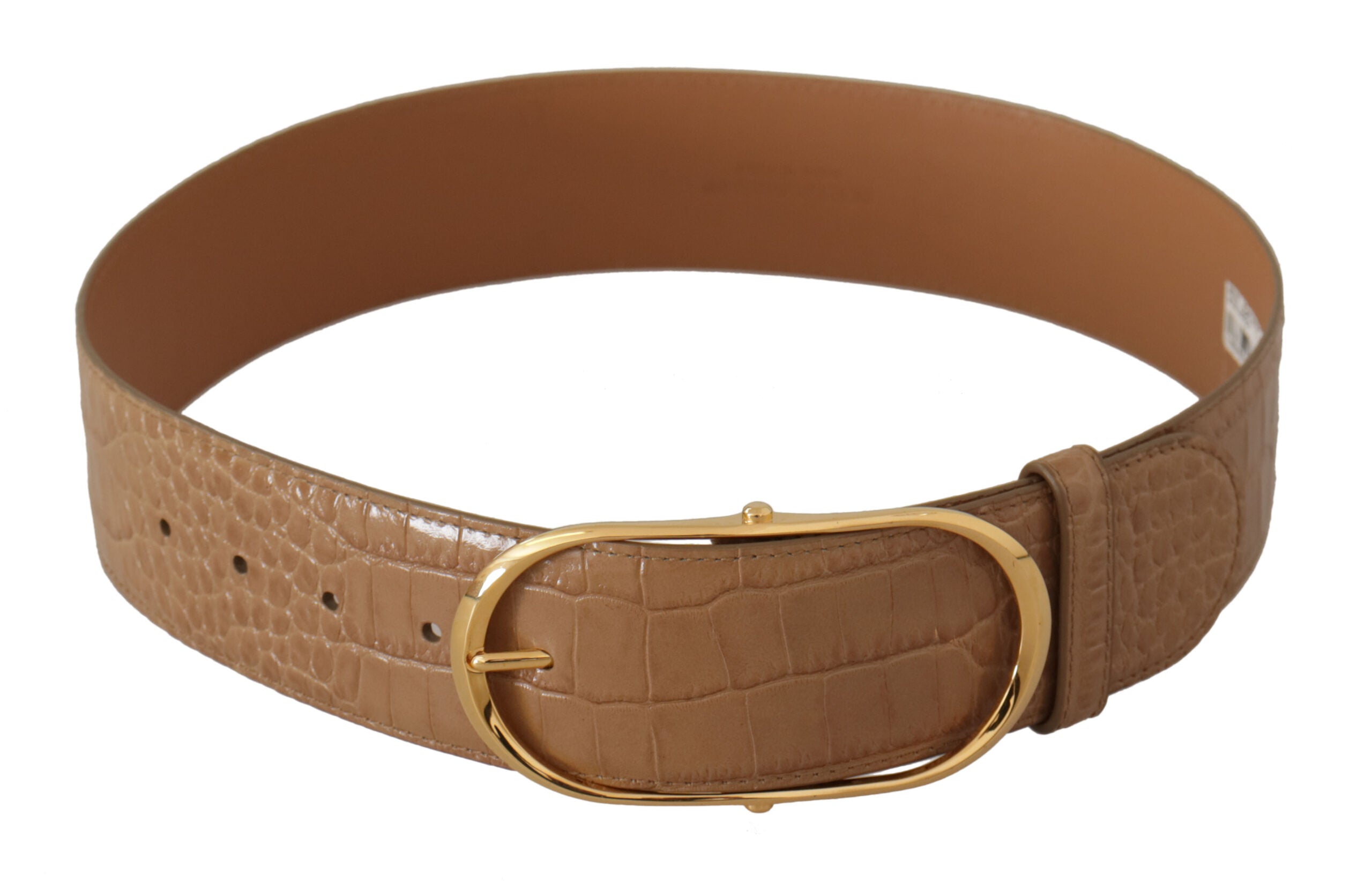 Brun beige läderbälte med guldmetallisk oval spänne