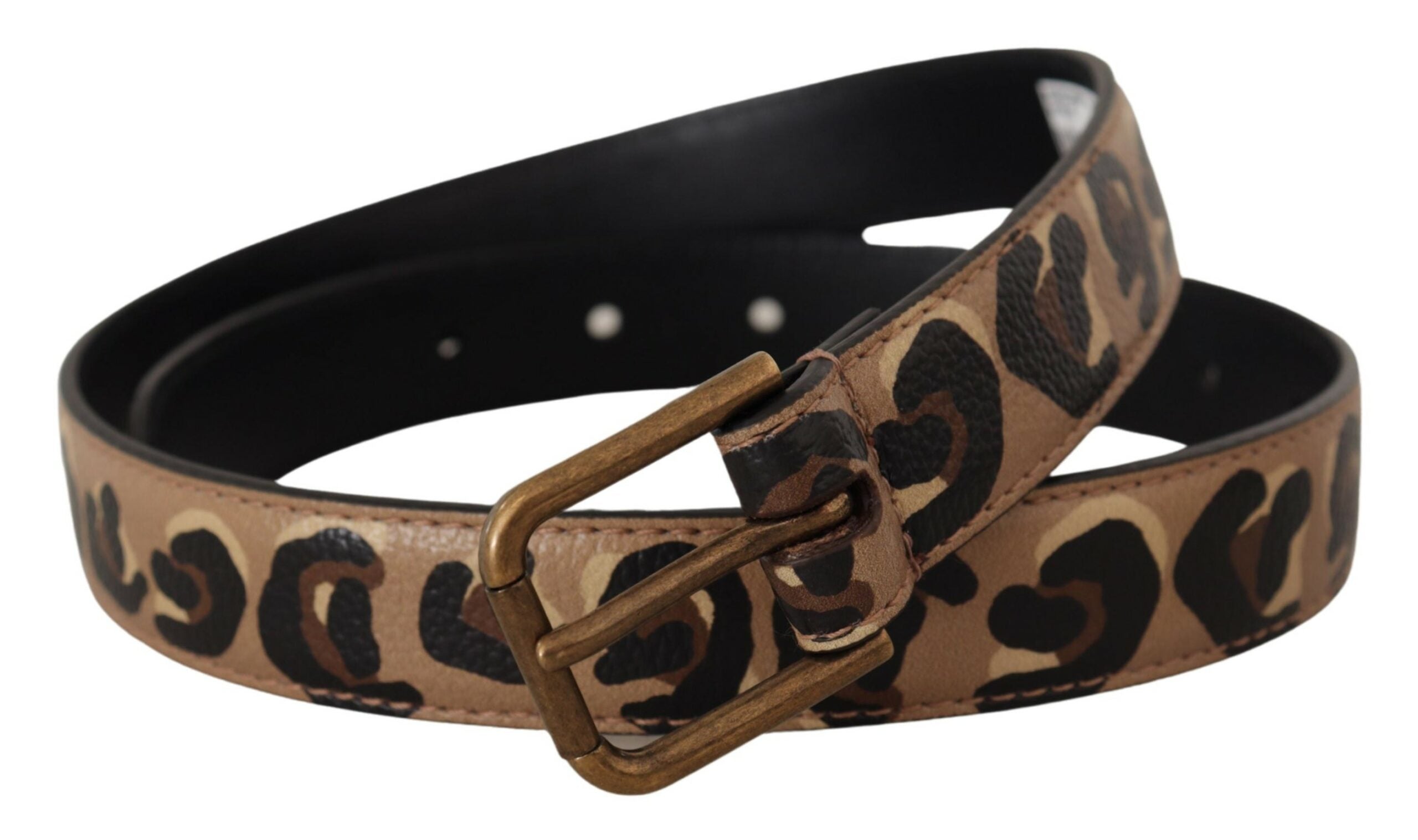 Brun läderrem med leopardmönster och vintage-metallspänne