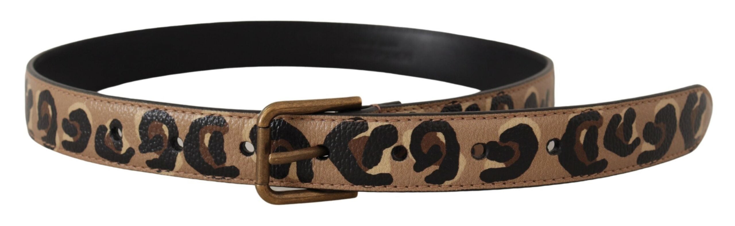 Brun läderrem med leopardmönster och vintage-metallspänne