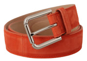 Brun läder/mocka-kombi-bälte med silverfärgad logobrooch