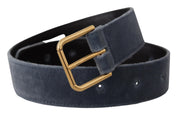 Navy Blue Velvet Gold Metal Logo Waist Buckle Belt