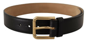 Black Solid Leather Classic Gold Waist Buckle Belt