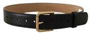 Black Solid Leather Classic Gold Waist Buckle Belt