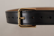 Black Solid Leather Classic Gold Waist Buckle Belt