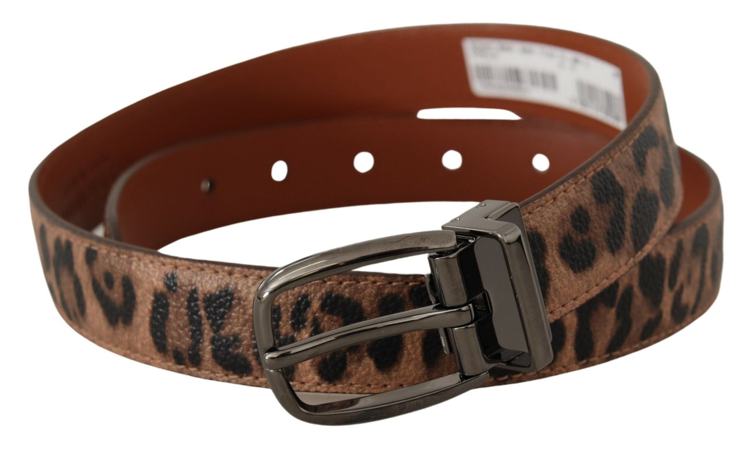 Brun läderbälte med prägling i leopardmönster och spänne.