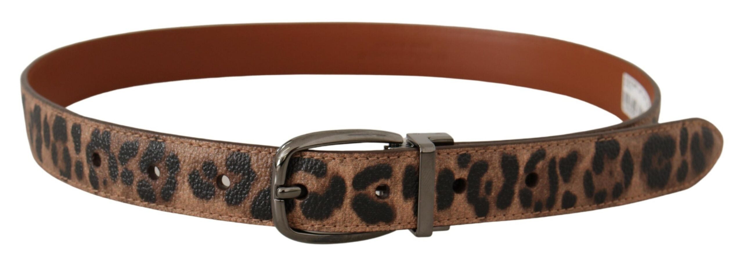 Brun läderbälte med prägling i leopardmönster och spänne.