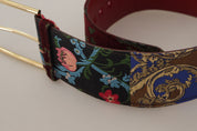 Red Embroidered Leather Gold Logo Metal Buckle Belt
