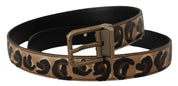 Brown Leather Leopard Print Bronze Metal Buckle Belt