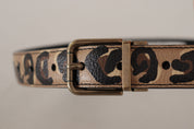 Brown Leather Leopard Print Bronze Metal Buckle Belt