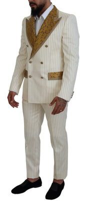 Off White Gold Striped Tuxedo Slim Fit Suit