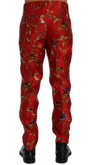 Red Silk Bird Print Dress Pants