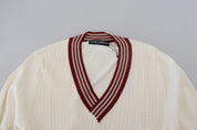 White Red Knitted V-neck Pullover Sweater