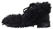 Black Leather Combat Shearling Boots Shoes