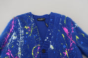 Blue Color Splash Mohair Cardigan  Sweater