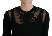 Black Floral Lace Button Cardigan Sweater