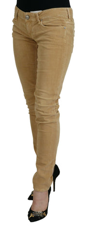 Brown Cotton Corduroy Low Waist Women Casual Jeans