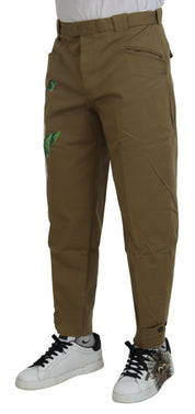 Beige Cotton Stretch Floral Chinos Pants