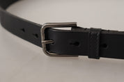 Black Calf Leather Logo Engraved Metal Buckle Belt