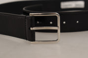 Black Calf Leather Logo Engraved Metal Buckle Belt
