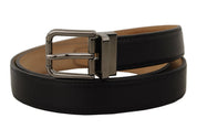 Black Calf Leather Logo Engraved Metal Buckle Belt