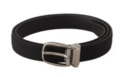Black Calf Canvas Silver Tone Logo Metal Belt