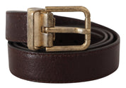 Brun läderrem i kalvskinn med vintage-logo och metallspänne