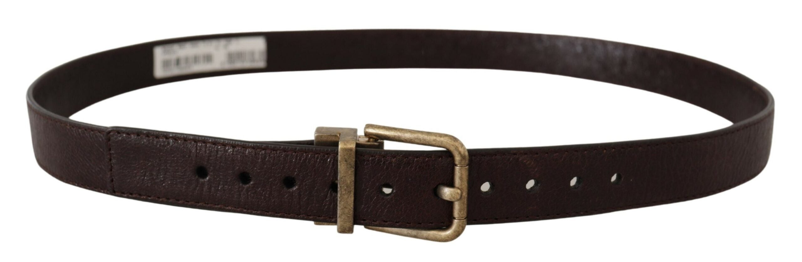 Brun läderrem i kalvskinn med vintage-logo och metallspänne