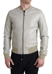 Cream Leather Bomber Blouson Full Zip Jacket
