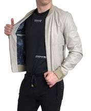 Cream Leather Bomber Blouson Full Zip Jacket