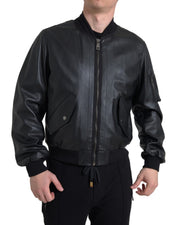 Black Leather Blouson Full Zip Bomber Jacket