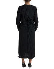 Black Wool Wrap Sheath Midi Gown Dress