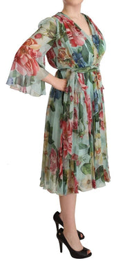 Multicolor Green Floral Silk Wrap Midi Dress