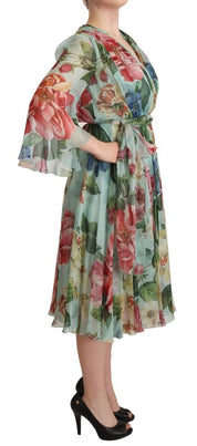 Multicolor Green Floral Silk Wrap Midi Dress