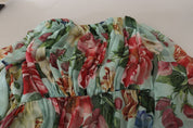 Multicolor Green Floral Silk Wrap Midi Dress