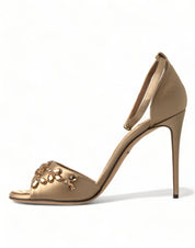 Gold Satin Ankle Strap Crystal Sandals Shoes