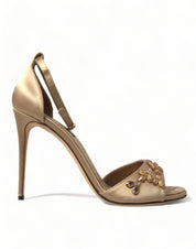 Gold Satin Ankle Strap Crystal Sandals Shoes