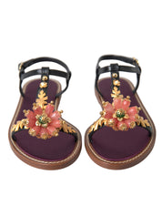 Dolce & Gabbana Black Crystal Leather Sandals