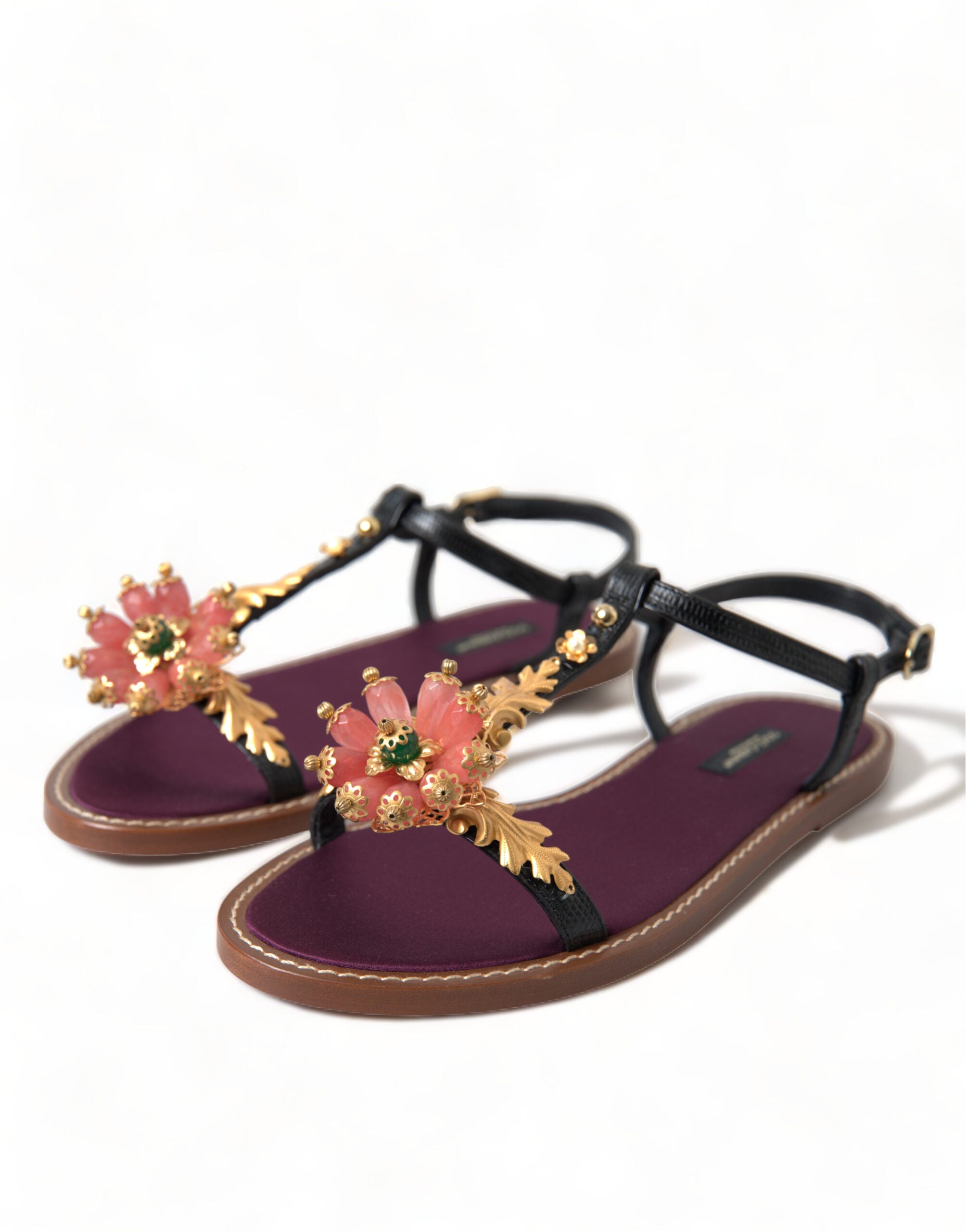 Dolce & Gabbana Black Leather Crystal Sandals